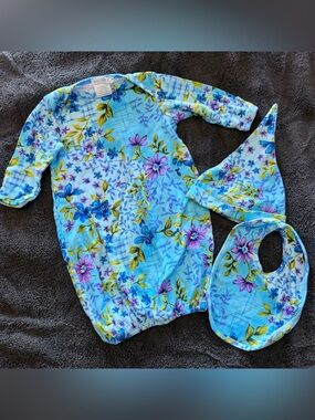 Newborn Baby Floral Blue Gown, Hat & Bib Set -
